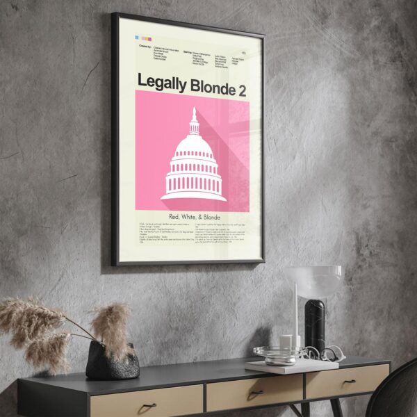 Mid-century modern style poster of Legally Blonde 2 movie with red, white, blonde colors