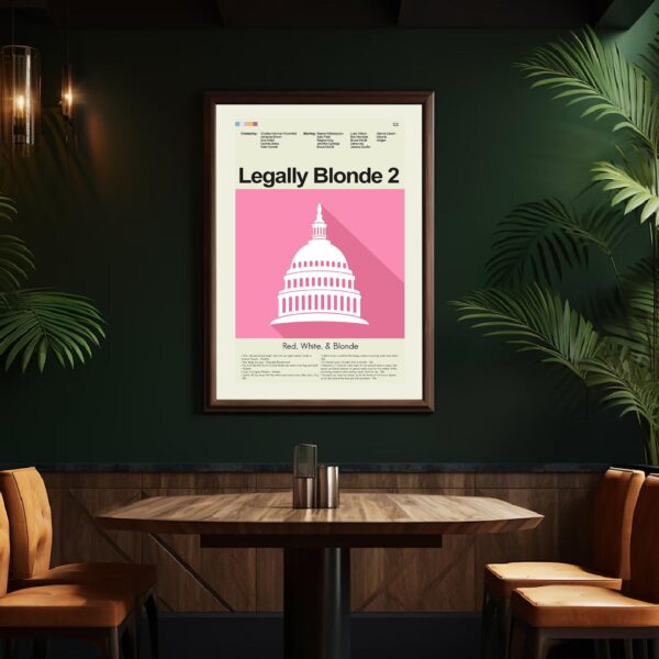 Mid-century modern style poster of Legally Blonde 2 movie with red, white, blonde colors