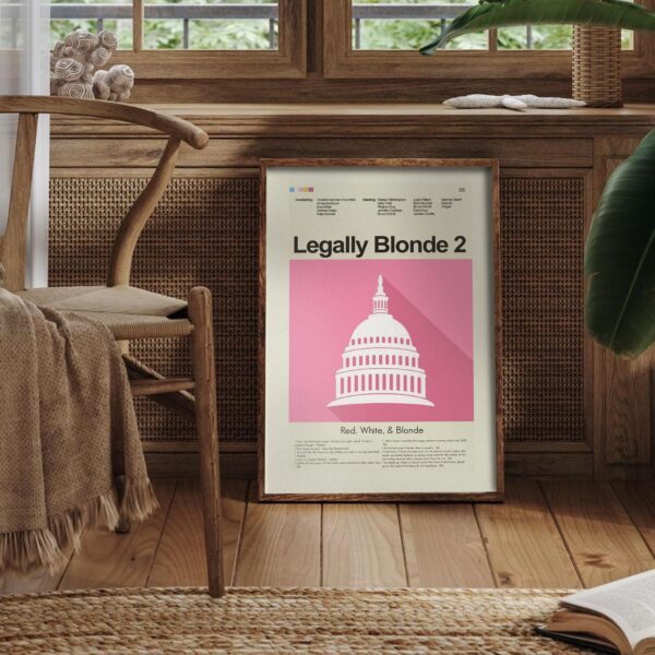 Mid-century modern style poster of Legally Blonde 2 movie with red, white, blonde colors