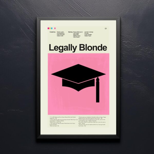 Mid-century modern poster featuring Legally Blonde movie and furniture design