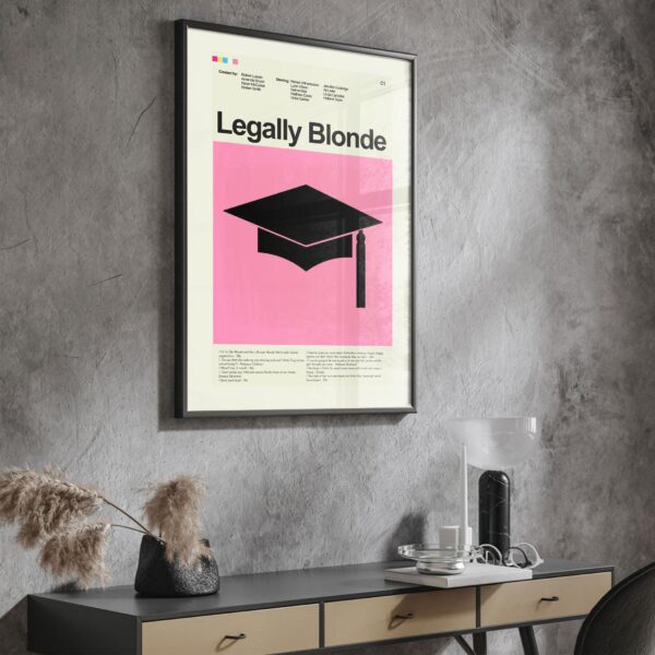 Mid-century modern poster featuring Legally Blonde movie and furniture design