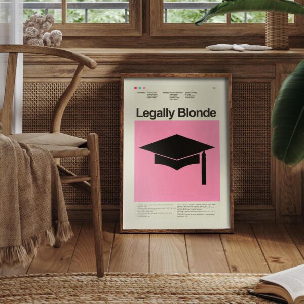 Mid-century modern poster featuring Legally Blonde movie and furniture design