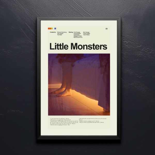 Mid-century modern style Little Monsters movie poster with retro furniture design