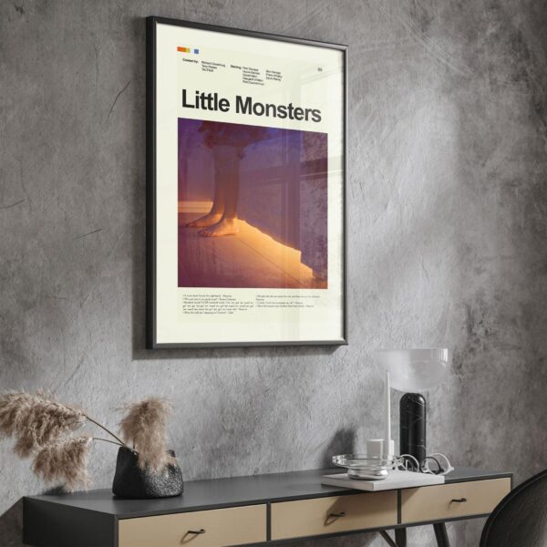 Mid-century modern style Little Monsters movie poster with retro furniture design