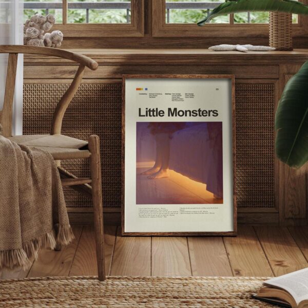 Mid-century modern style Little Monsters movie poster with retro furniture design
