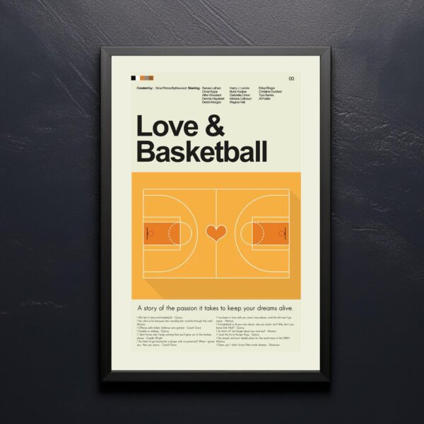 Mid-century modern Love & Basketball movie poster with retro design