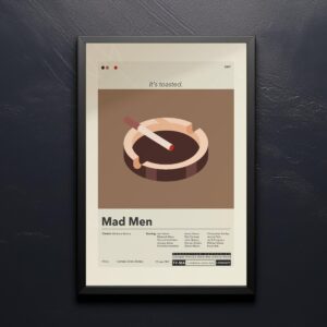 Mid-century modern poster of Mad About Men movie with vintage furniture art