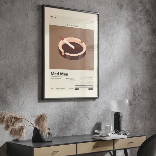 Mid-century modern poster of Mad About Men movie with vintage furniture art