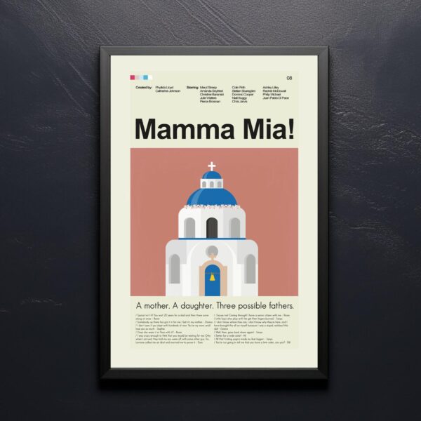 Vintage mid-century modern poster of Mamma Mia! movie