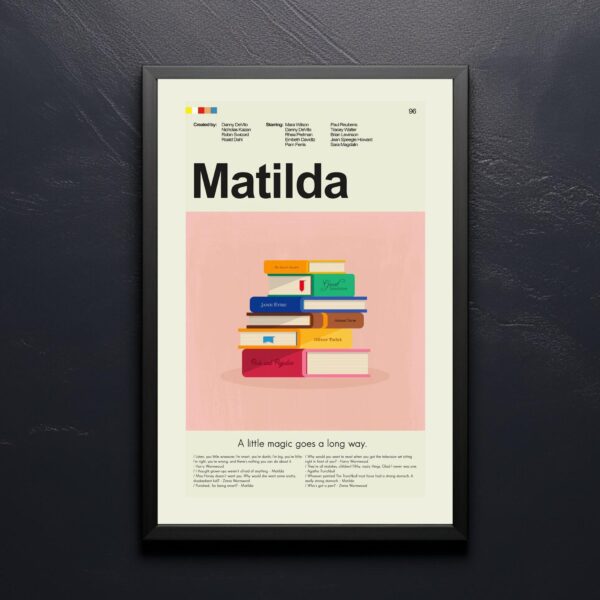 Mid-century modern Matilda movie poster art with vintage design elements