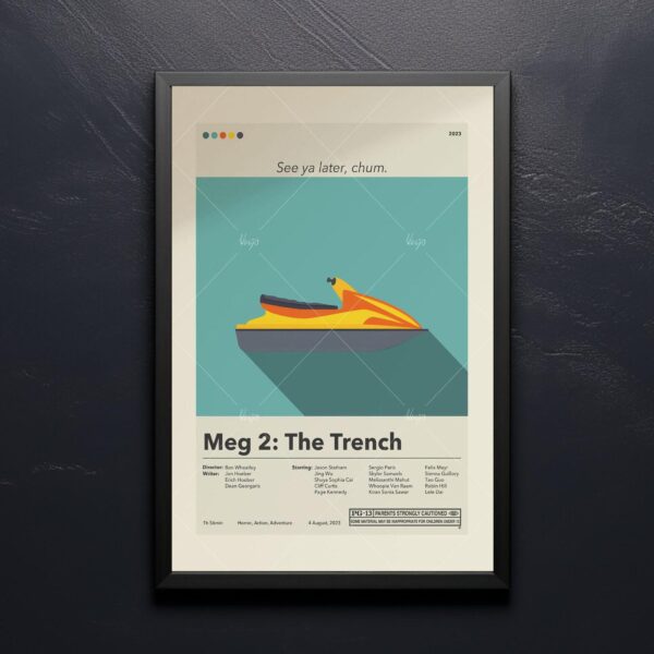 Meg 2: The Trench mid-century style movie poster by 20th Century Studios
