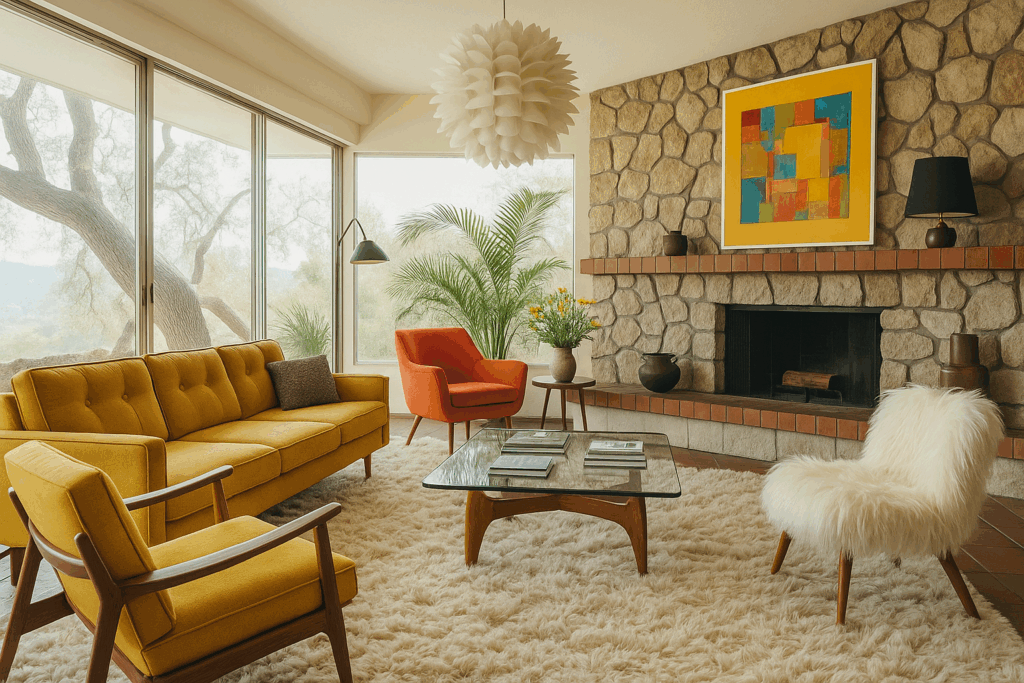 Photo of a mid-century modern living room with mustard yellow sofa, red armchair, stone fireplace, abstract wall art, and full-length windows