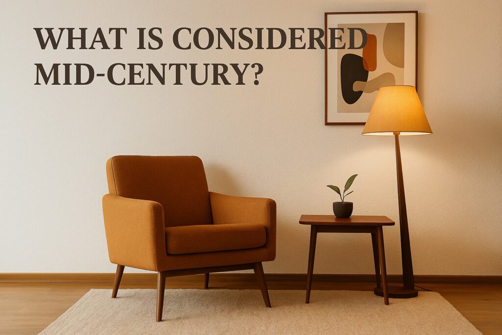 Photo of a mid-century modern living room with mustard armchair, wooden side table, abstract wall art, and floor lamp on a neutral backdrop