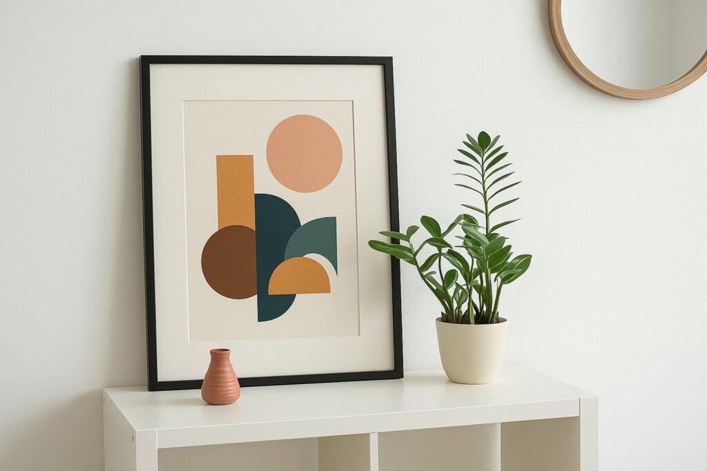 Framed mid-century modern abstract poster with indoor plant and minimal decor on white cabinet background