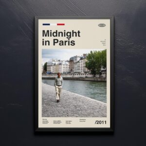 Mid-century poster of Midnight in Paris movie, retro artwork