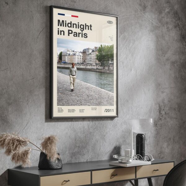 Mid-century poster of Midnight in Paris movie, retro artwork