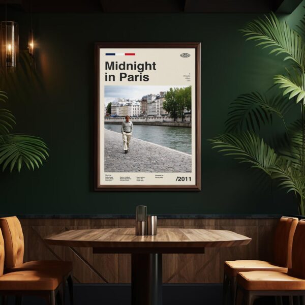 Mid-century poster of Midnight in Paris movie, retro artwork