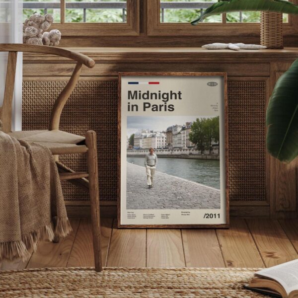 Mid-century poster of Midnight in Paris movie, retro artwork