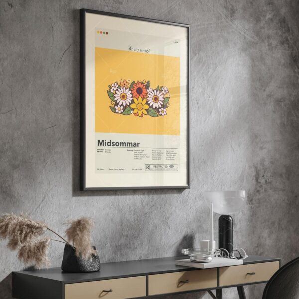 Midsommar movie poster in 20th century mid-century modern design style