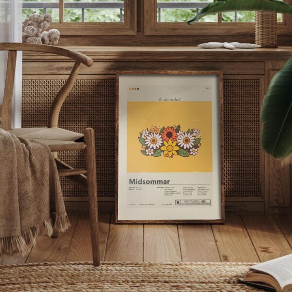 Midsommar movie poster in 20th century mid-century modern design style