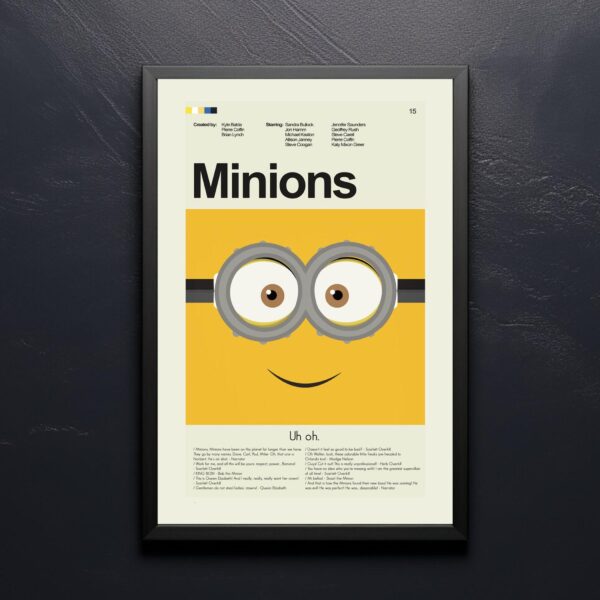 Mid-century modern Minions movie poster with retro graphic design