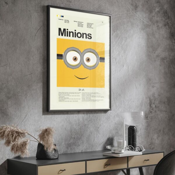 Mid-century modern Minions movie poster with retro graphic design
