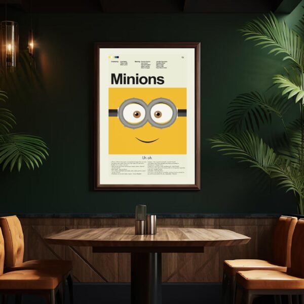 Mid-century modern Minions movie poster with retro graphic design
