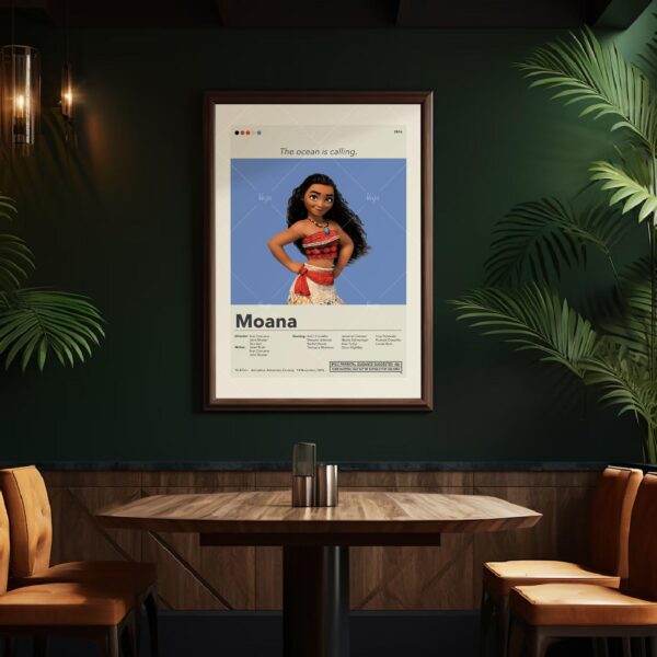 Mid-century modern graphic design poster of Moana movie artwork