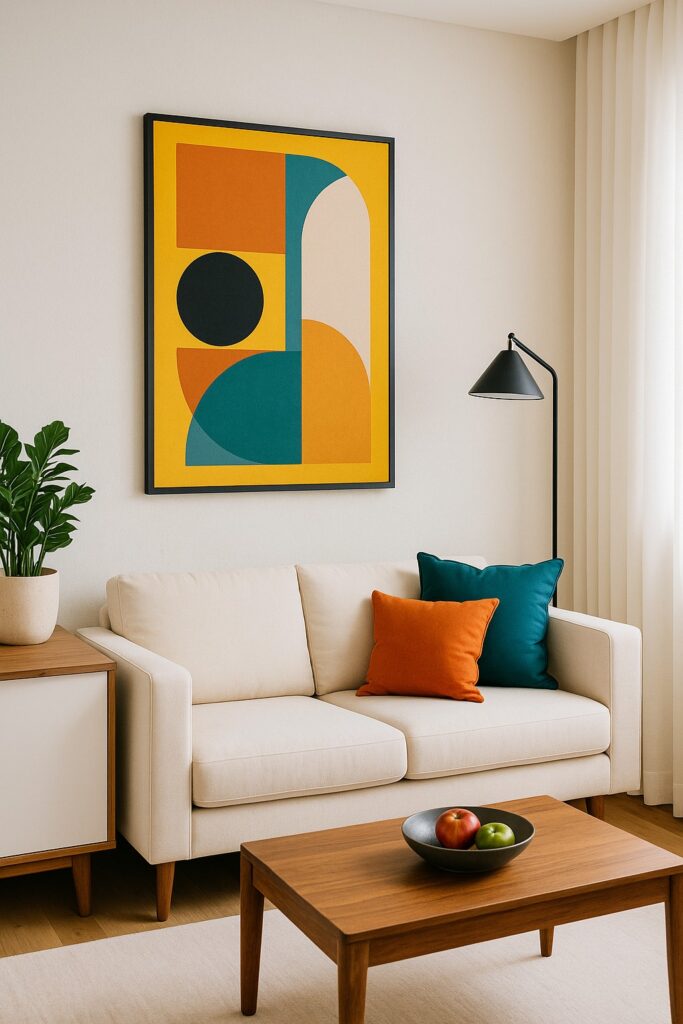 Modern living room interior with vibrant yellow mid-century style poster framed on white wall