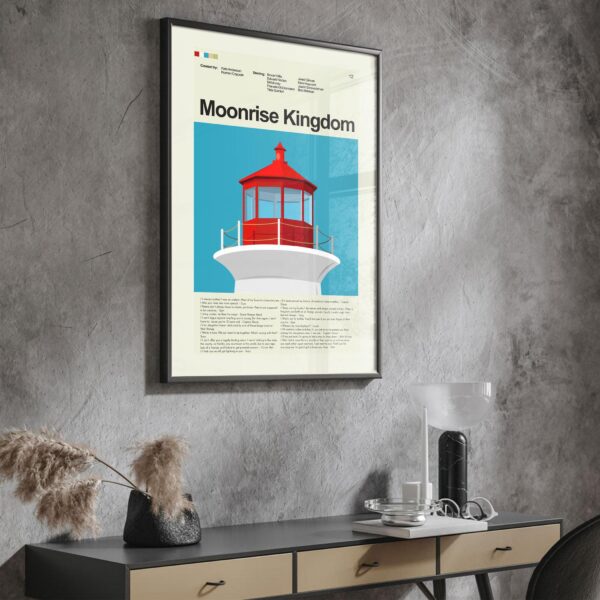Moonrise Kingdom mid-century modern style movie poster with vintage design