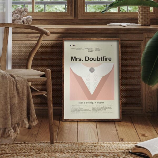 Mid-century modern Mrs. Doubtfire movie poster with vintage design elements