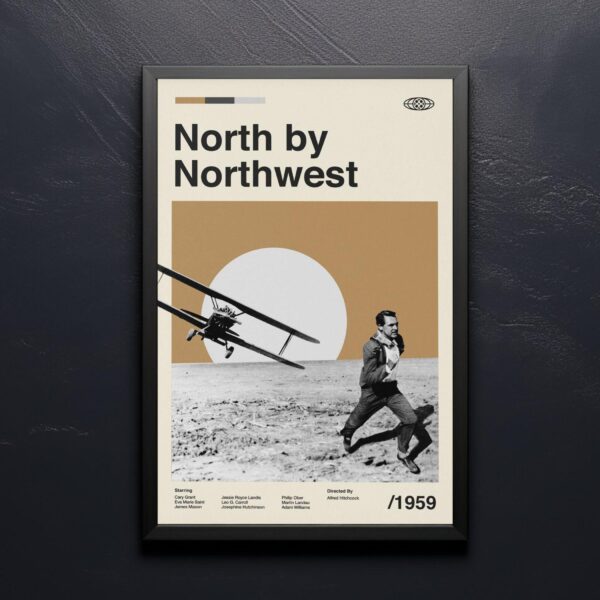 North by Northwest mid-century modern movie poster art with vintage design