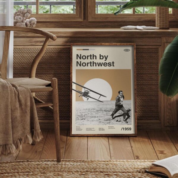 North by Northwest mid-century modern movie poster art with vintage design
