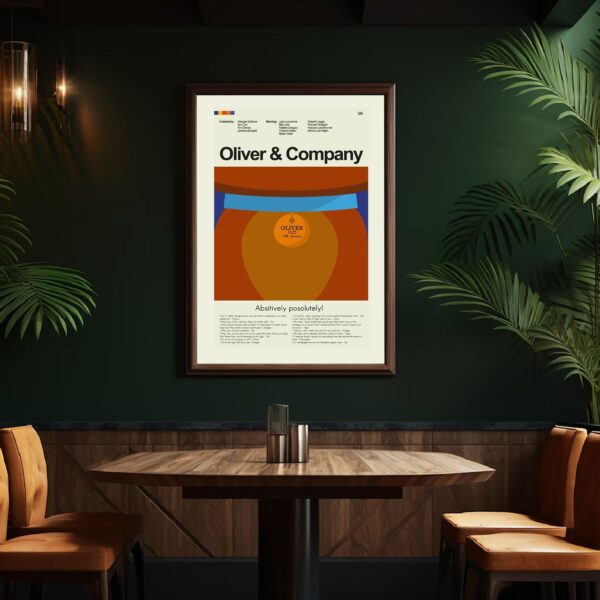 Mid-century modern Oliver & Company movie poster with vintage advertising style