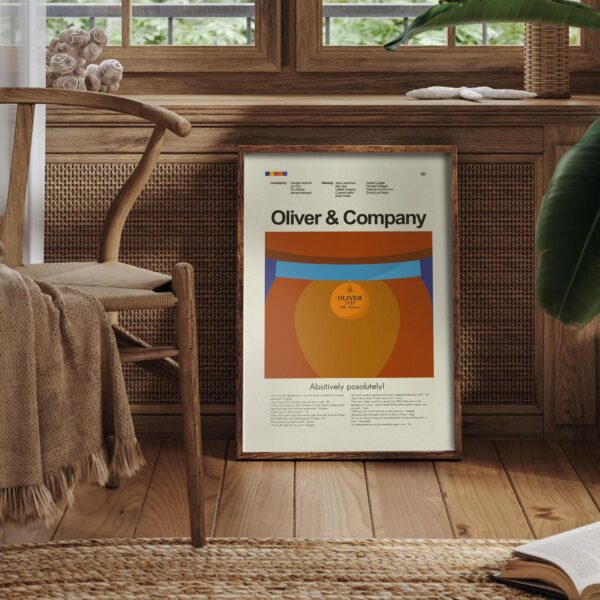 Mid-century modern Oliver & Company movie poster with vintage advertising style