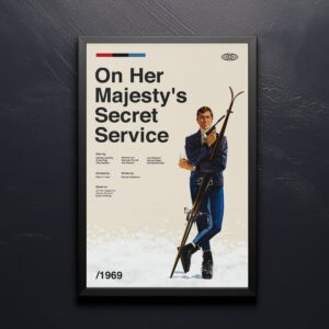 Mid-century modern poster of On Her Majesty's Secret Service movie with house illustration