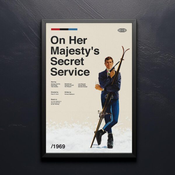Mid-century modern poster of On Her Majesty's Secret Service movie with house illustration
