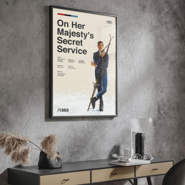 Mid-century modern poster of On Her Majesty's Secret Service movie with house illustration