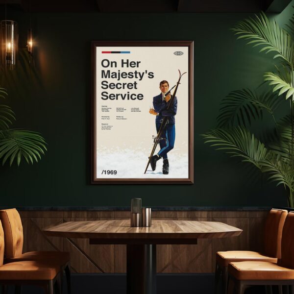 Mid-century modern poster of On Her Majesty's Secret Service movie with house illustration