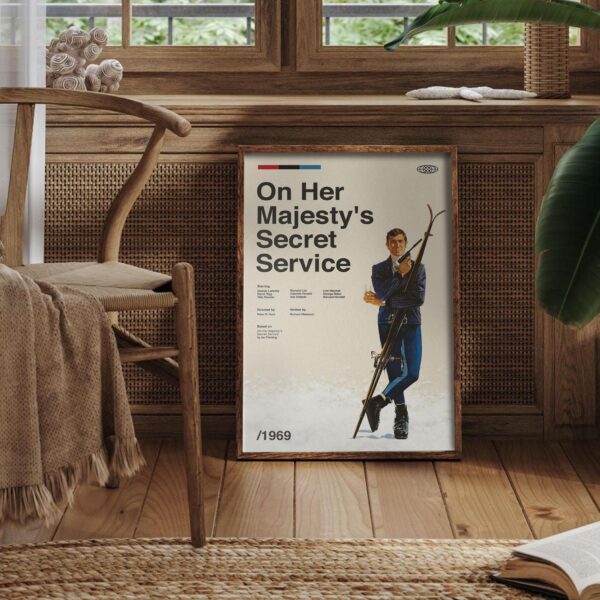 Mid-century modern poster of On Her Majesty's Secret Service movie with house illustration