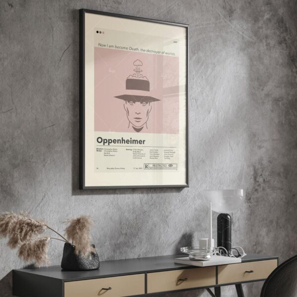 Oppenheimer movie poster with 20th century mid-century modern art style