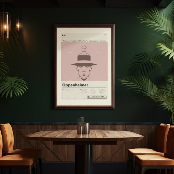 Oppenheimer movie poster with 20th century mid-century modern art style