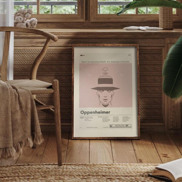 Oppenheimer movie poster with 20th century mid-century modern art style