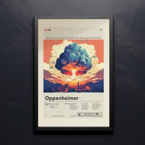 Oppenheimer movie poster with mid-century modern house illustration