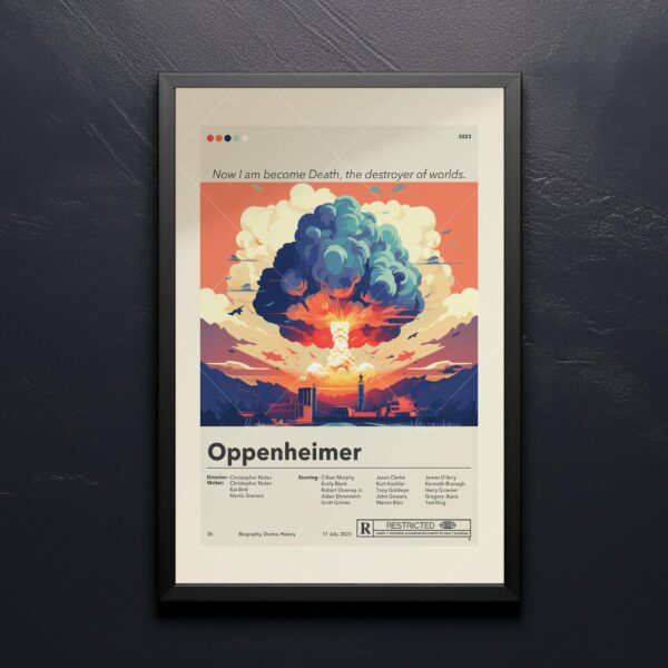 Oppenheimer movie poster with mid-century modern house illustration