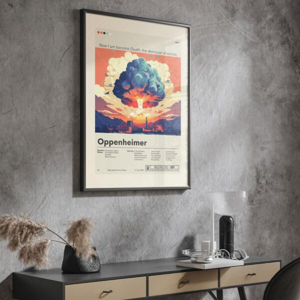 Oppenheimer movie poster with mid-century modern house illustration
