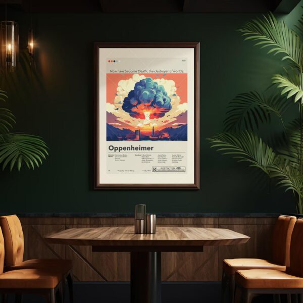 Oppenheimer movie poster with mid-century modern house illustration