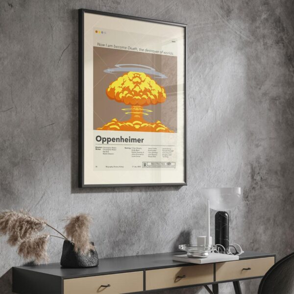 Mid-century modern style Oppenheimer movie poster with vintage design