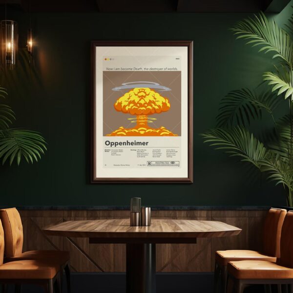 Mid-century modern style Oppenheimer movie poster with vintage design