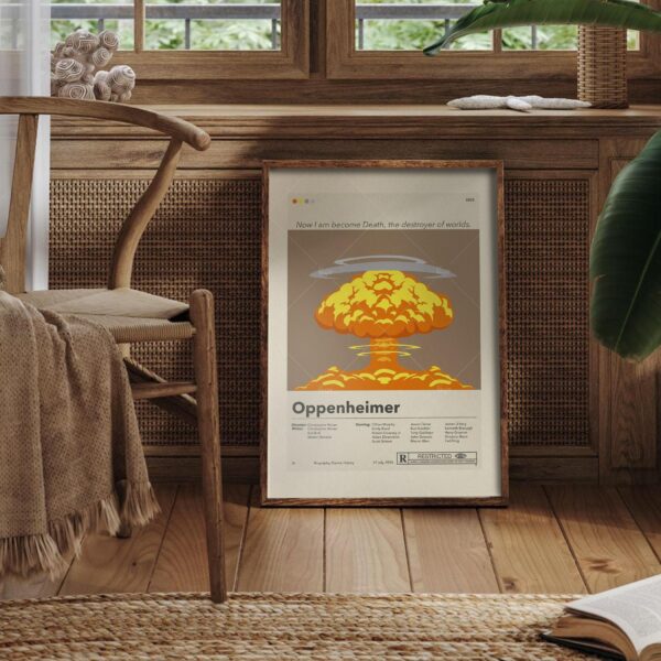 Mid-century modern style Oppenheimer movie poster with vintage design